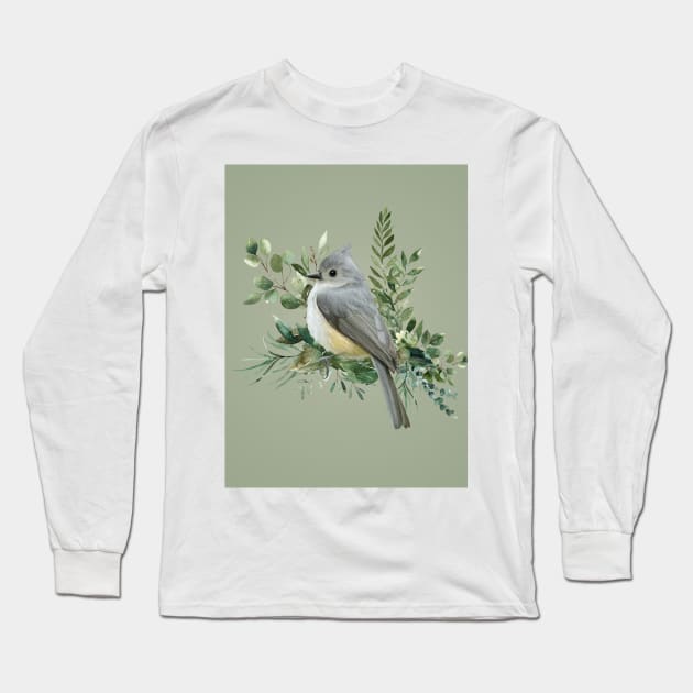 Grey Bird on Branch olive green background Long Sleeve T-Shirt by Fiasco Designs